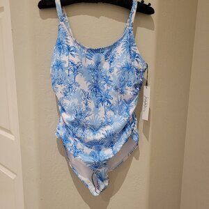 NICOLE MILLER  tudio Blue Island Print Swimsuit w/side ruching - Size: L NEW